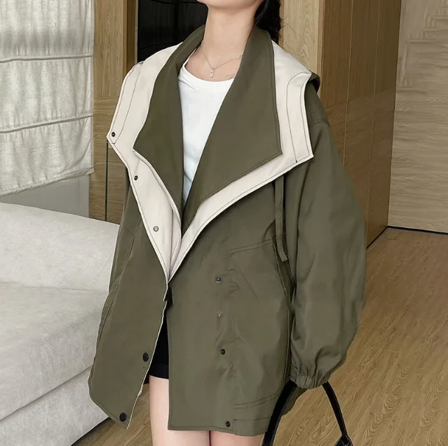 Spring and Autumn Women's Mid-length Trench Coat Hooded Zipper Loose Jacket Korean Version Fashion Trench Coat  Women autumn winter new double headed zipper cardigan knitwear sweater coat men s korean version enjoy the trend of small high neck