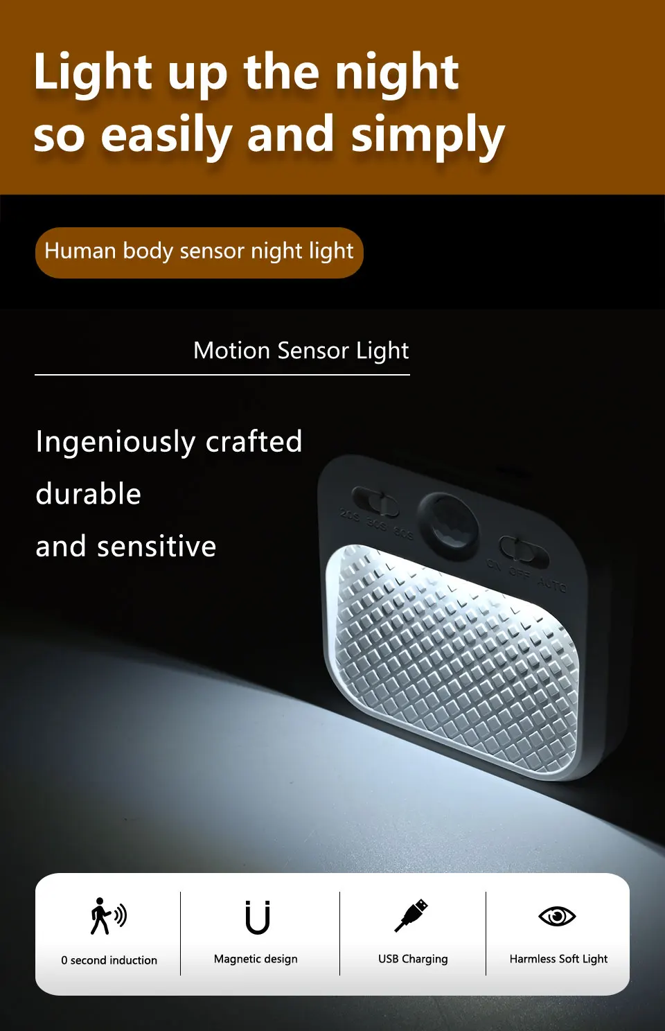 Description Picture 2 of itemRechargeable Led Night Light with Motion Sensor Human Induction Wireless 3 Colors Square White Portable Lamp for Hallway Stairs