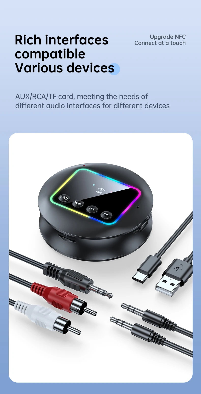 Wireless Audio Receiver Transmitter Adapter Bluetooth 5.4 AUX RCA TF Card NFC Li