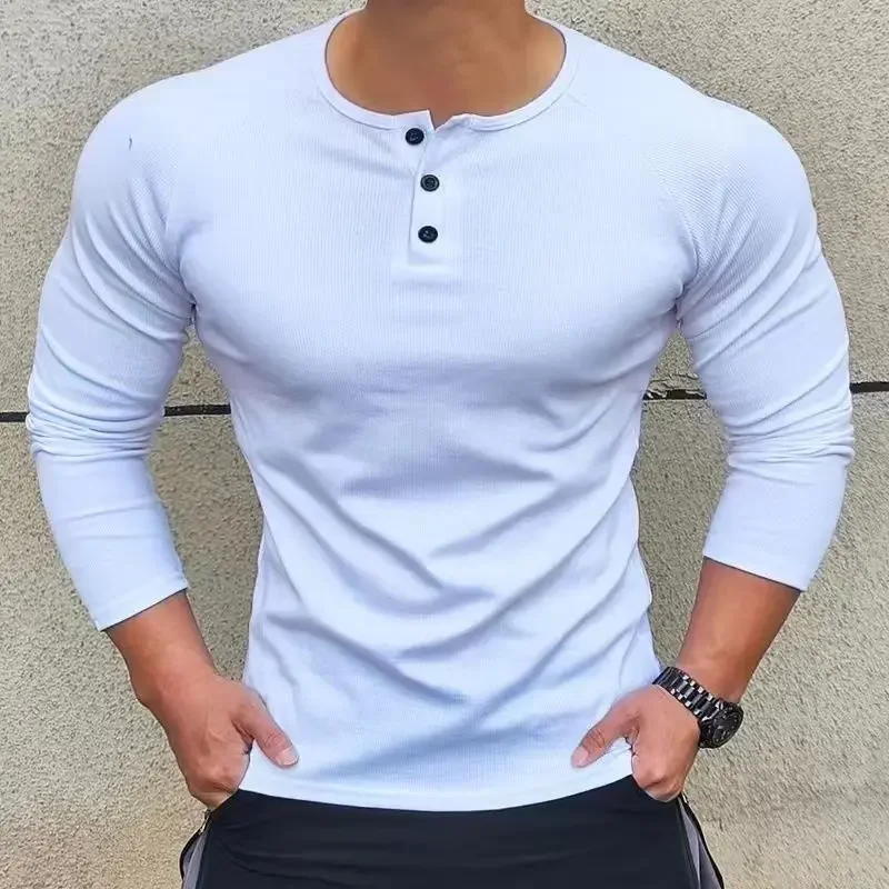 Long Sleeved Henley Neck Men's Fitness T Shirt - Image 5