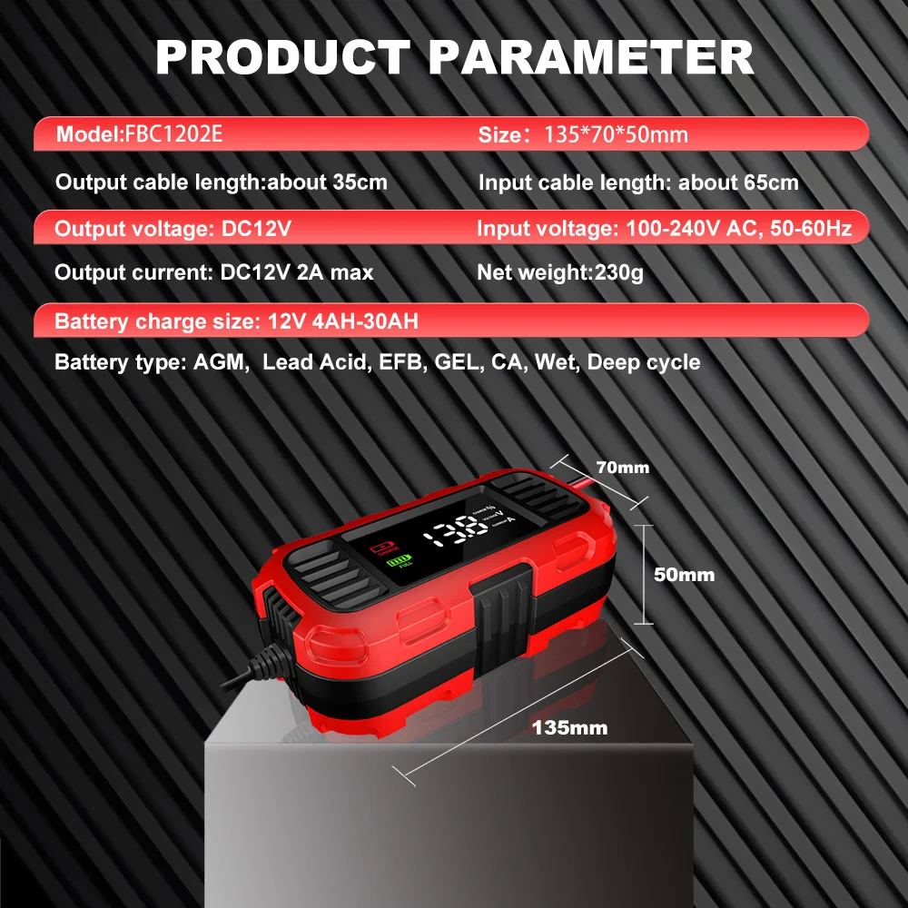 Car Battery Chargers 12V 2A Digital Battery Maintenance For Lead-Acid Batteries Storage Cell Motorcycle Scooter Battery Charging - 2