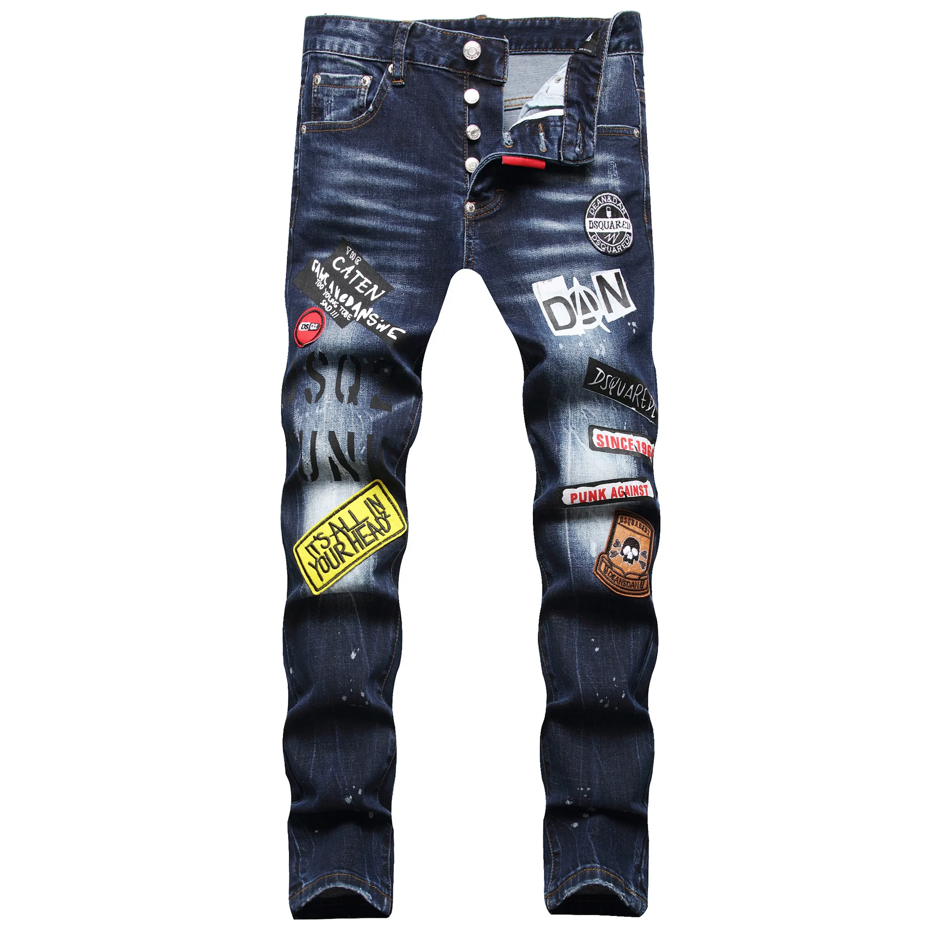 

New fashion men's casual elastic printed blue fashion men's jeans personality trend slim slim feet mid-waist pants men