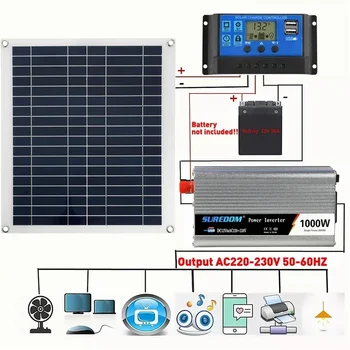 Sistema di pannelli solari 12V/24V 18V 50W Pannello solare Regolatore di carica della batteria Kit inverter solare 800W/1000W Generazione di energia completa