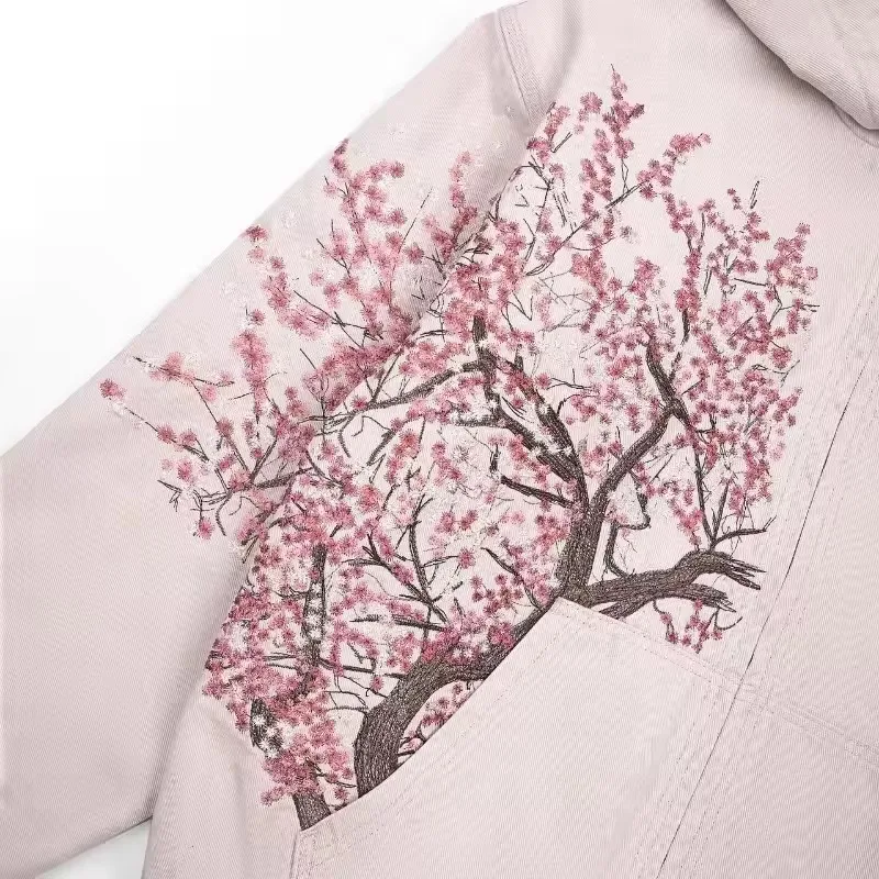 American Retro Cherry Blossom Embroidered Hooded Y2K Jacket Mens Womens Zipper Jacket with Flower Tree Pattern Street Style