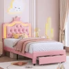 Twin Upholstered LED Bed Frame with Storage Drawer, Leather Princess Platform Bed 1