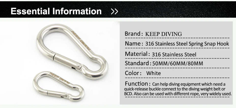 1 Stücke 50/60/80 MM 316 Edelstahl Frühling Karabinerhaken Karabiner Tauchausrüstung BCD Sicheres Zubehör – Detail 1