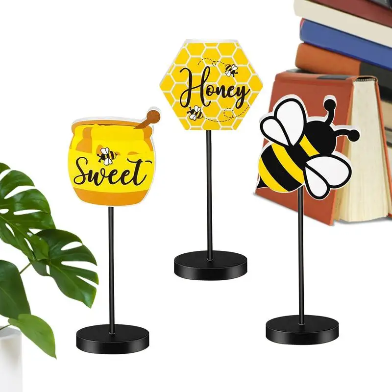 

Bee Wood Table Sign 3 Pieces Honey Standing Table Sign Freestanding Rustic Bee Table Topper Summer For Bee Tiered Tray Party