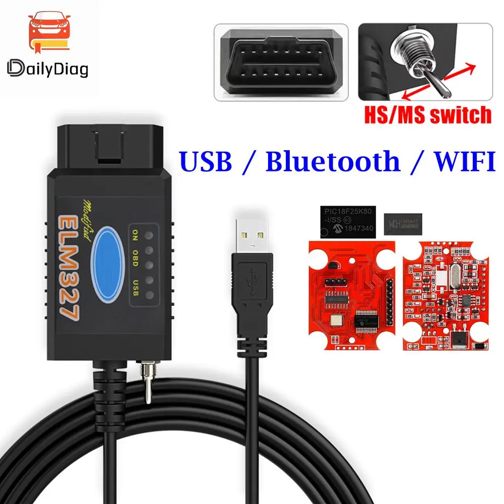 

ELM327 V1.5 Support USB/BT/WIFI HS-CAN/MS-CAN Switch PIC18F25K80 Chip ELM 327 For Ford FORScan OBD2 Car Diagnostic Scanner