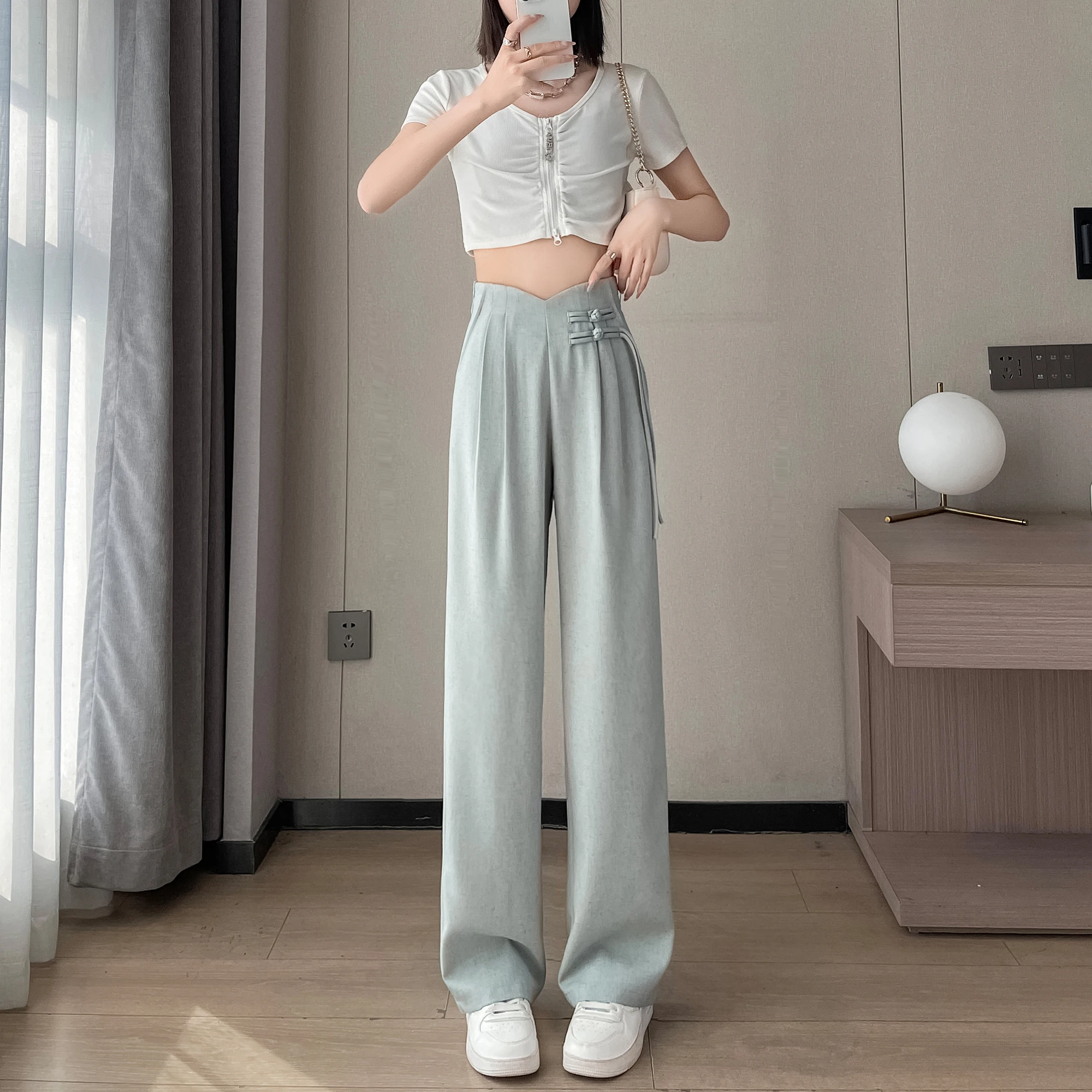 Linen Suit Wide Leg Pants Y2K Women's Summer Retro Chinese Style Design High Waist Drape Narrow Cut Straight Leg Casual Pants