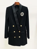 HIGH STREET Newest 2024 Designer Fashion Women's Metal Button Rhinestone Diamonds Beading Badge Shawl Collar Long Blazer 1