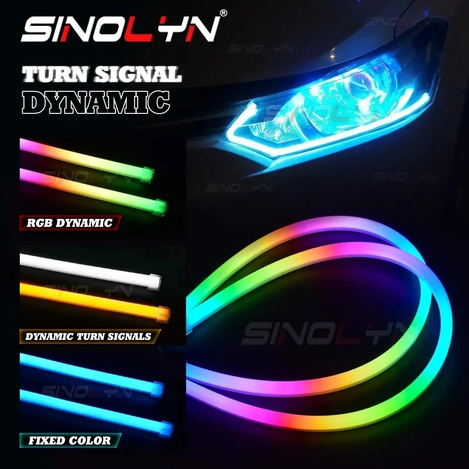 Sinolyn DRL RGB светодиодный полоски, последовательный текущий динамический сигнал поворота, гибкие фары, декоративное освещение, управление через приложение 12 В ходовые огни для авто дхо в поворотники 2 в 1