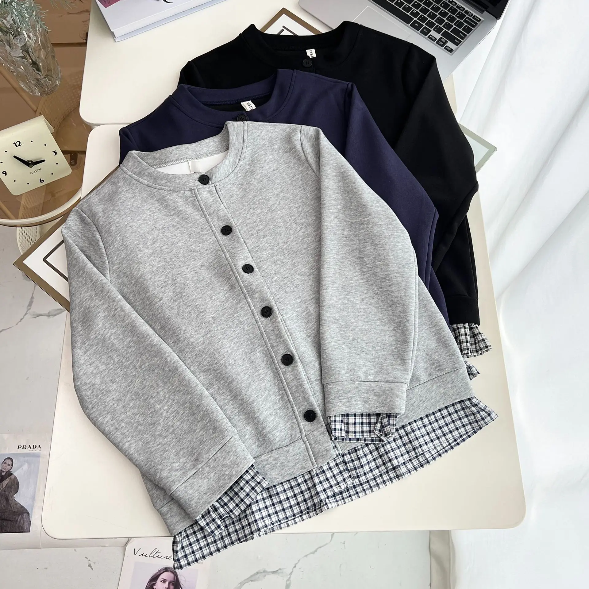 Fashion Plus Size Women's Jacket New Style 2025 Autumn Casual Plaid Patchwork Wearing Cardigan Coat 2559