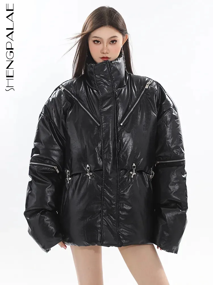 

SHENGPALAE 2023 Autumn/winter New Women Down Jacket Metal Aircraft Buckle Spliced Stand Collar Zipper Cotton Padded Coat 5R6731