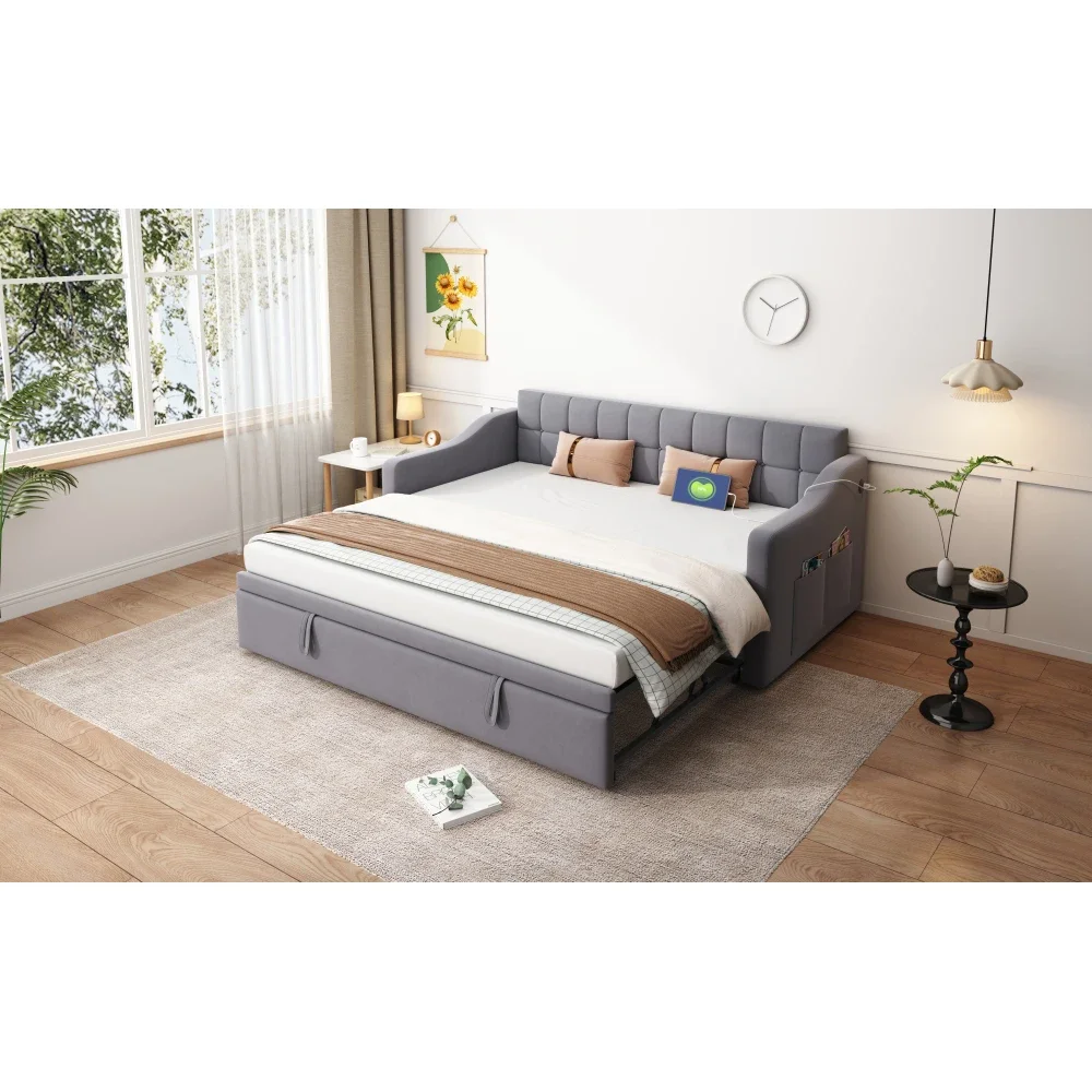 Gepolstertes Bett, Schlafsofa, Multifunktions-Schlafsofa, 90 x 180 x 190 cm, hellgraues, mit Samt gepolstertes Bett mit Steckdose und Aufbewahrungstasche – Detail 27