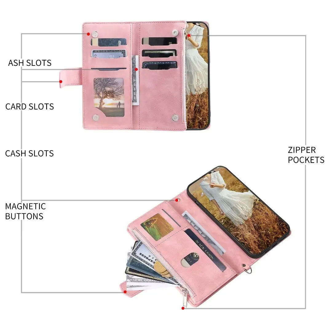 Fashion Zipper Wallet Case For Xiaomi Poco F1 Flip Cover Multi Card Slots Cover Phone Case Card Slot Folio with Wrist Strap