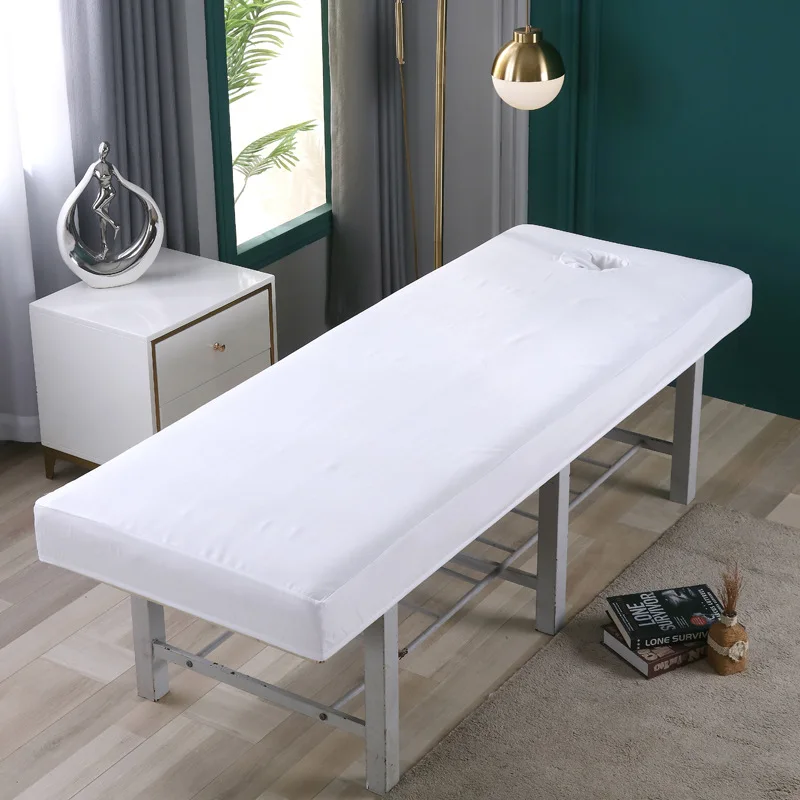 Beauty Salon High Elastic Solid Bed Cover Massage SPA Treatment Elastic Full Cover Rubber Band Fitted Bed Sheet with Hole 2