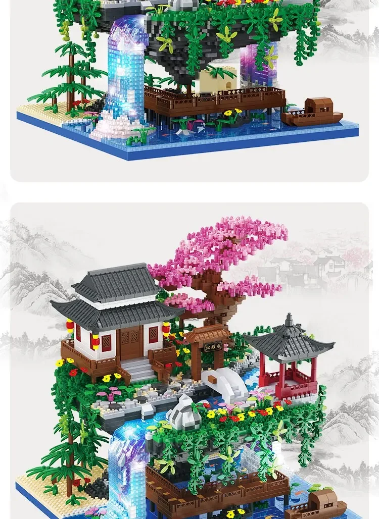 3320PCS Blocks Tree House Diamond Building Garden Architecture Waterfall Light D
