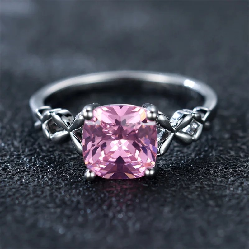 Luxury Female Pink Zircon Stone Ring Trendy Silver Color Cute Wedding Jewelry Gift For Women