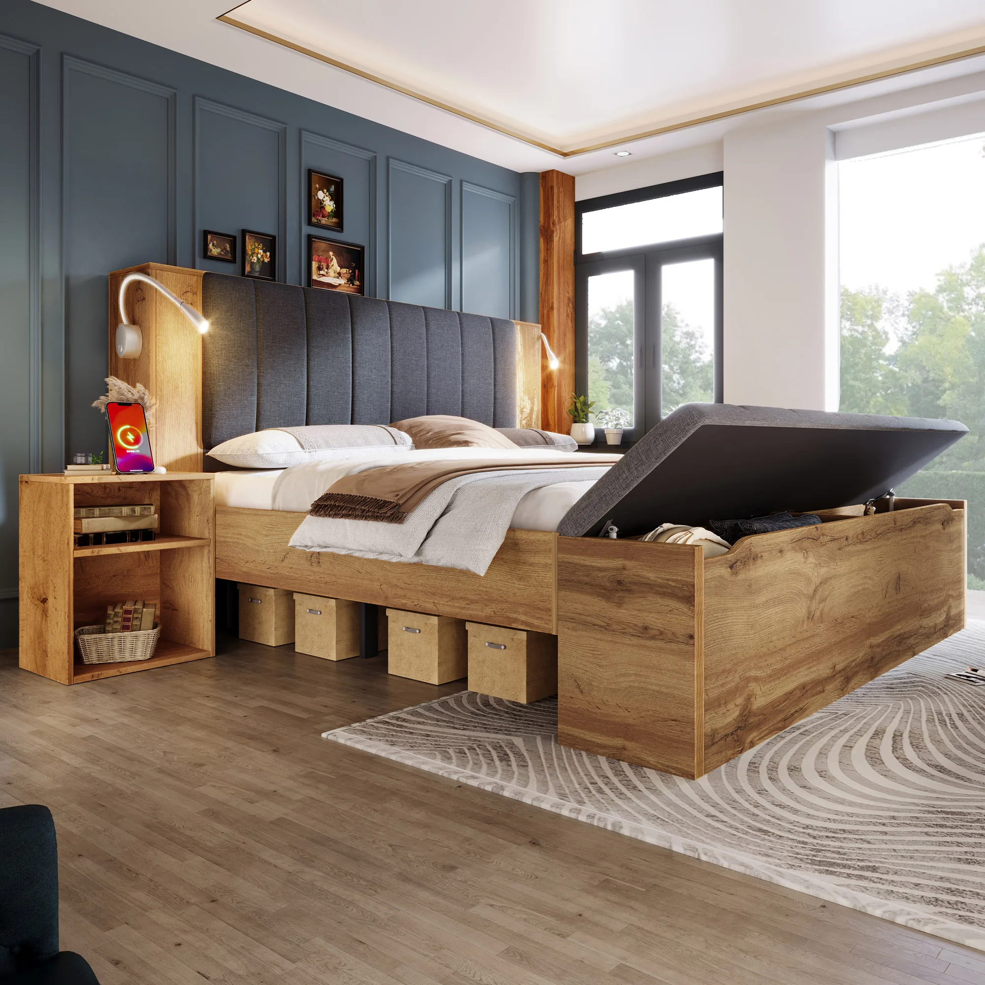 Doppelbett 160 x 200 cm mit Kopfteil aus Leinenstoff, ausklappbarem Kopfteil, Nachttischen mit Stauraum, Bank, USB-Lampen, Lattenrost aus Eichenholz – Detail 8