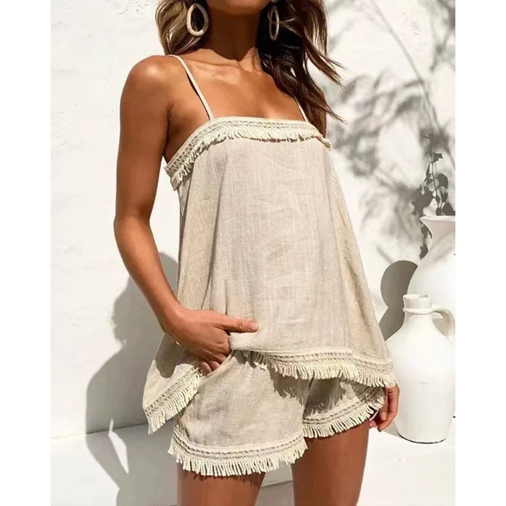 

Summer Women Tassel Trim Vintage Print Spaghetti Strap Cami Top & Shorts Sets Femme Sexy Beach Set 2 Pieces Suit Sets Loungewear