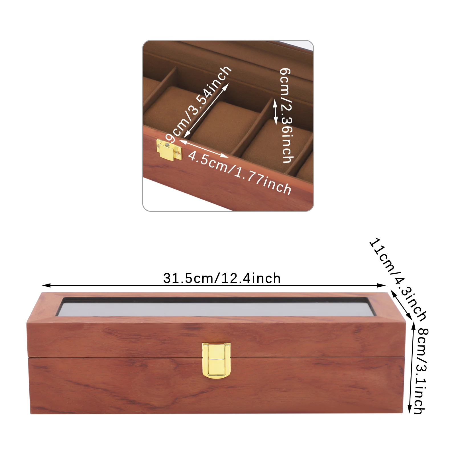 6-Fach Umweltfreundliche Leder-Uhrenbox im Klassischen Bestseller-Stil, Staubdichte Uhrenaufbewahrung mit Schloss und Glasfenster – Detail 17