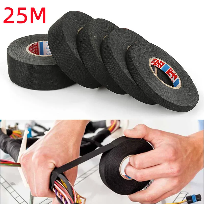 25M 9/15/19/25MM Heat-resistant Adhesive Cloth Fabric Tape Automotive Cable Tape Harness Wiring Loom Electrical Heat