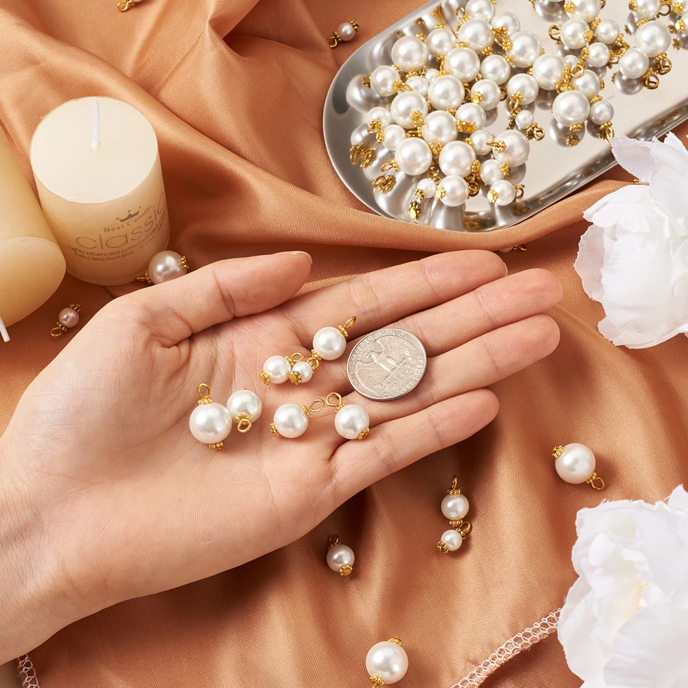 80Pcs Round Glass Pearl Beads Charms Pendants with Alloy Daisy Spacer For Bracelet Necklace Earring DIY Jewelry Making Supplies