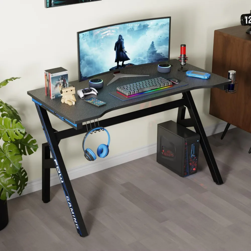 47 inch gaming desk with carbon fiber surface, cup holder, headphone hook, and spacious tabletop for home office. 2