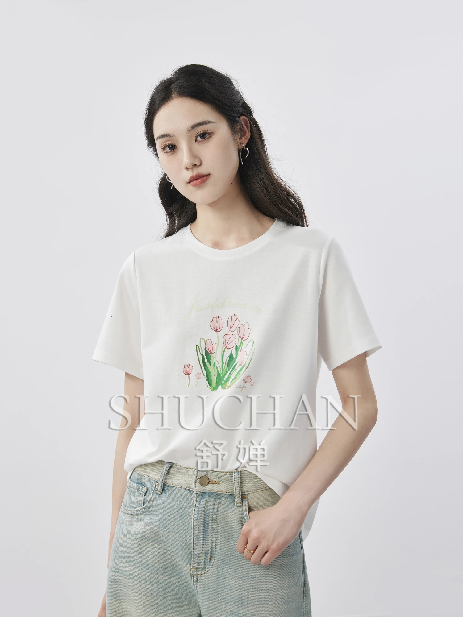 

Tulip Print 2024 Summer New High Quality 80% Cotton T Shirt Women Short Sleeve Women T Shirt women clothing