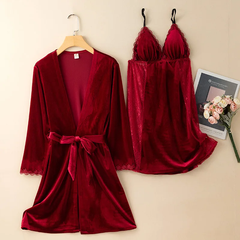

Женская бархатная ночная рубашка, бордовая кружевная ночная сорочка в стиле пэчворк, Осенний велюровый Халат для невесты, домашняя одежда