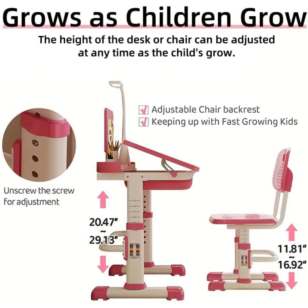 Kids Desk and Chair Set, Height Adjustable Children Bedroom Study Desk with Tilt Desktop, Can Directly for Drawing, Book Stand 2