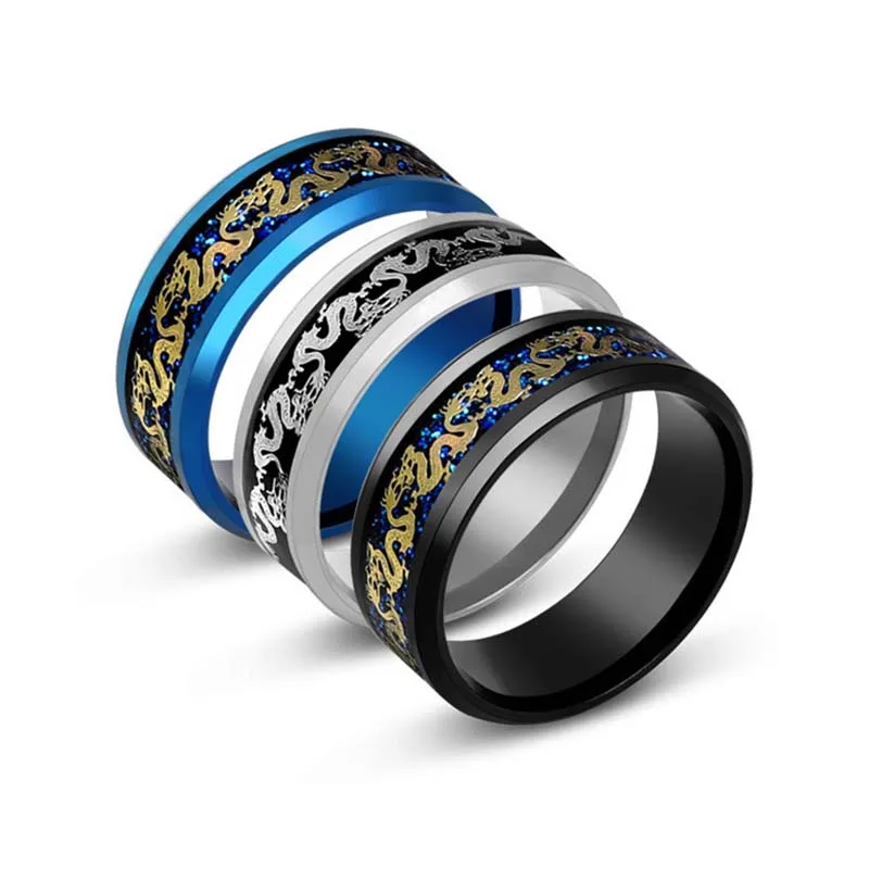 Stainless Steel Ring 2025 Fashion Men Celtic Dragon Ring Inlaid Red Blue Carbon Fiber Rings Wedding Band Jewelry 8MM Bague Homme