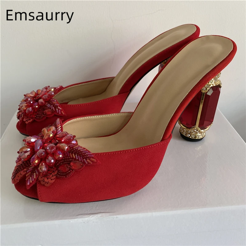 

Crystal Beads Butterfly-Flower Sandals Women Rhinestone Diamond High Heel Luxury Suede Summer Shoes For Girls