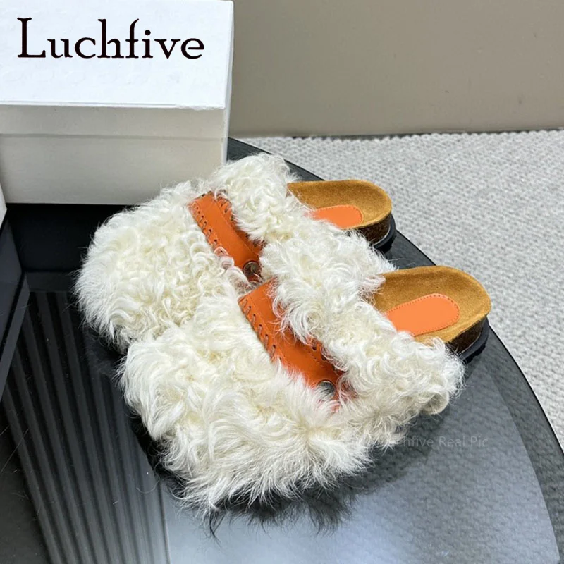 

2023 Winter Wool Plush Slipper For Women Round Toe Thick Sole Flats Shoes Brand Casual Half Slippers Warm Shoes Mujer