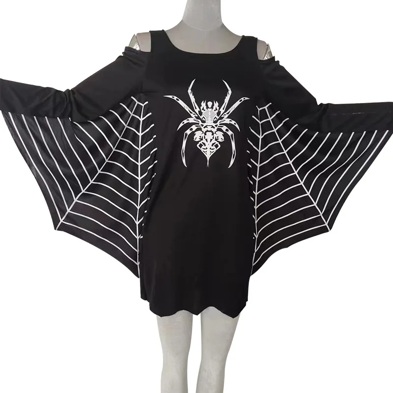 Halloween Devil Black Spider Costume Adult Horror Short Cobweb Dark Gothic Bat Wing Sleeves Romper Dress For Women Plus Size