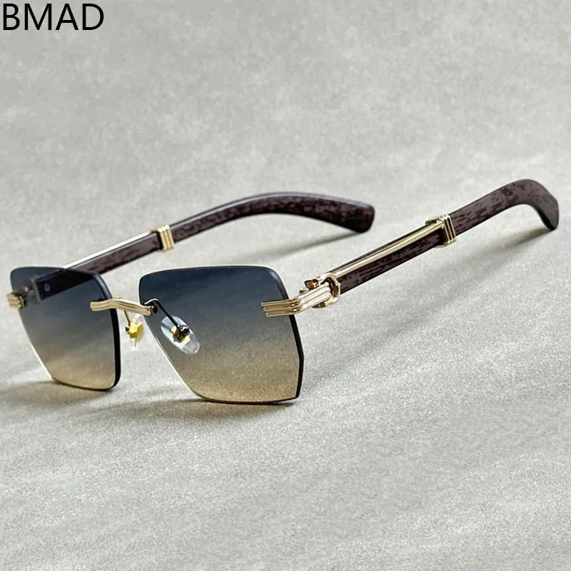 

New In Fashion Rimless Sunglasses Vintage Luxury Men Sunglasses Trending Wooden Glasses Oculos Lentes Dropshipping Gafas Lunette