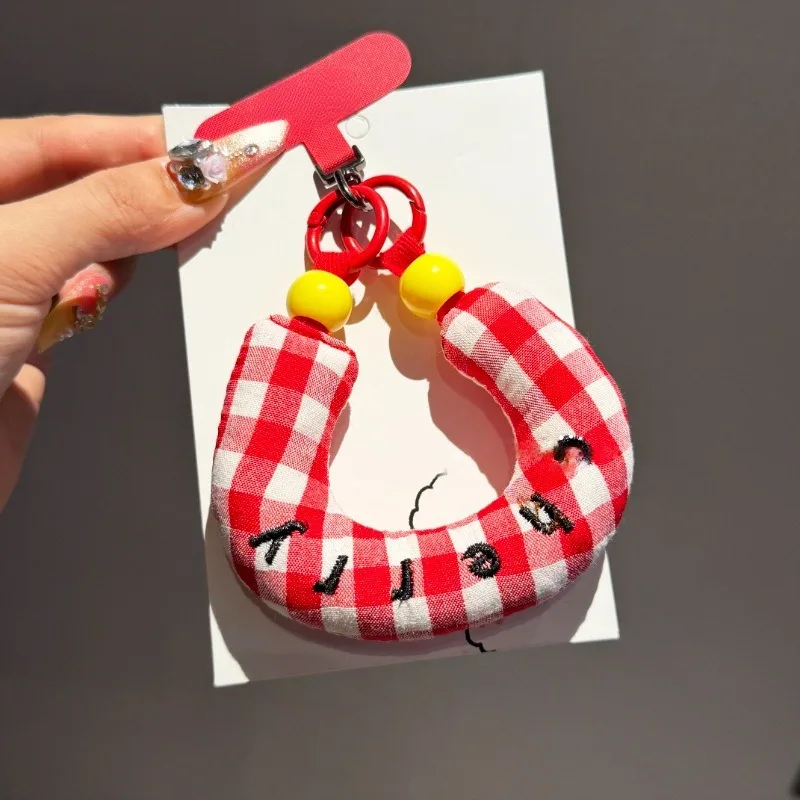 Cotton-Filled Embroidered Grid Fabric Mobile Phone Lanyard - Handheld, Anti-Loss, and Portable Accessory