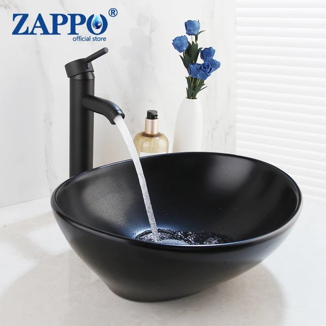 White Bathroom Ceramic Vessel Sink Basin Bowl Combo Black Mixer Faucet  Drain Set