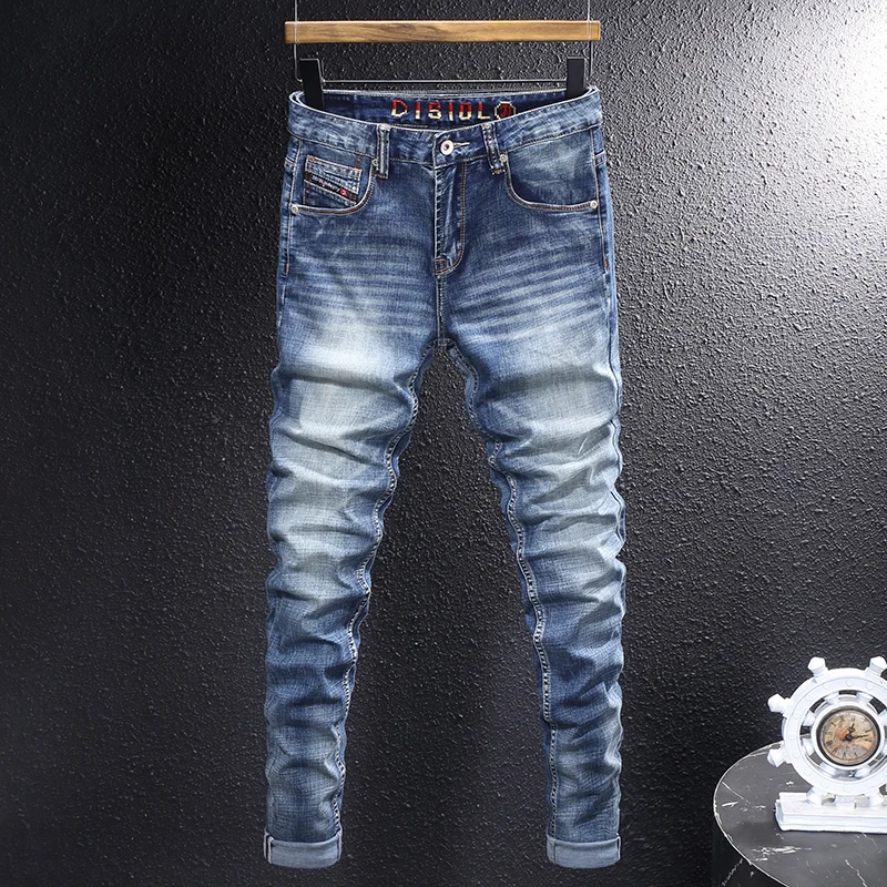 Fashion Designer Men Jeans High Quality Retro Washed Blue Stretch Slim Fit Ripped Jeans Men Embroidery Vintage Denim Pants