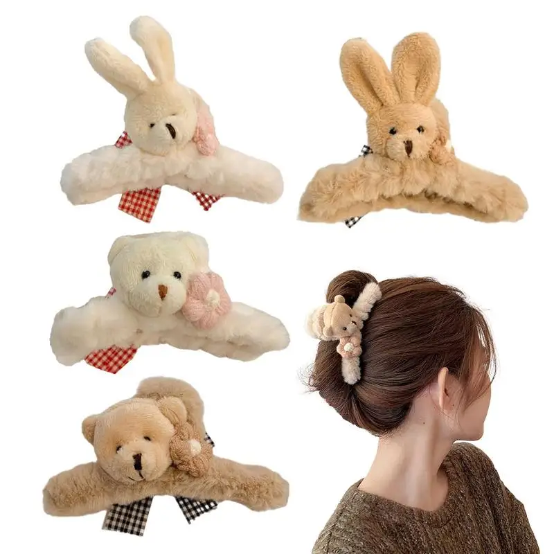 

4pcs Winter Fluffy Hair Clips Half Bun Large Hairpin Elegant animal Hair Holder Clamp Non-Slip Ponytail Hair Styling Accessories