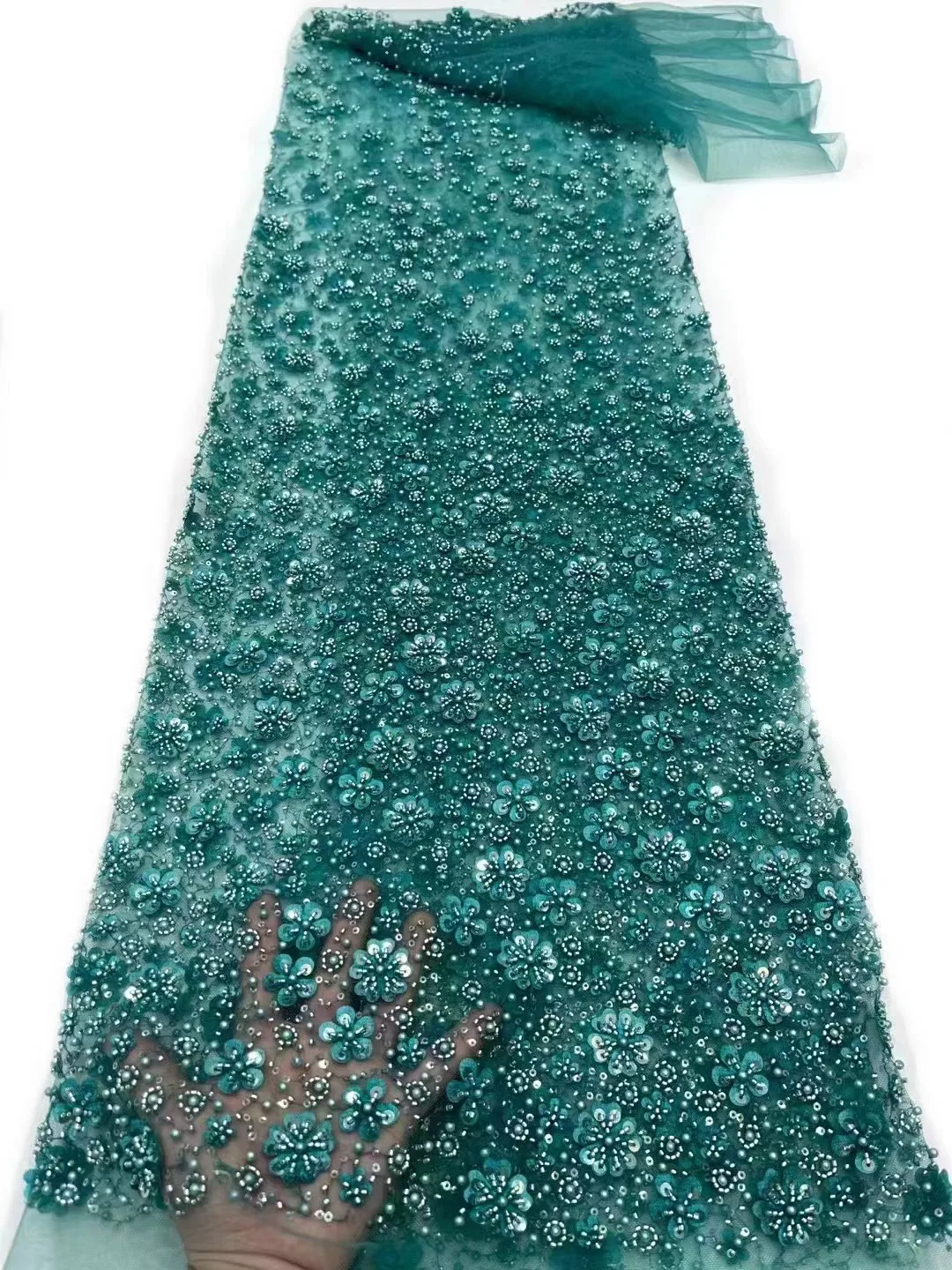 

Новинка сезона 2023, сетка с 3D аппликацией, вышивка бисером, изысканное модное платье с бусинами и блестками, 5 ярдов