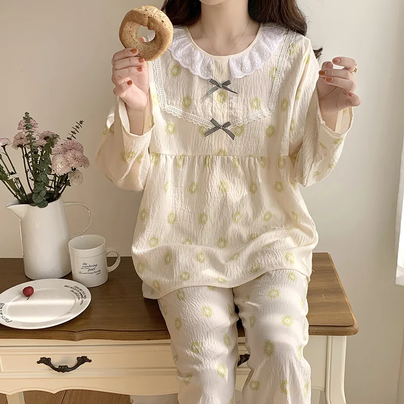 Round Neck Lace Trim Home Wear Thin Cloud Cotton Nightgown Long Sleeved Trousers Pajamas Two-piece Set Lounge Clothing for Women
