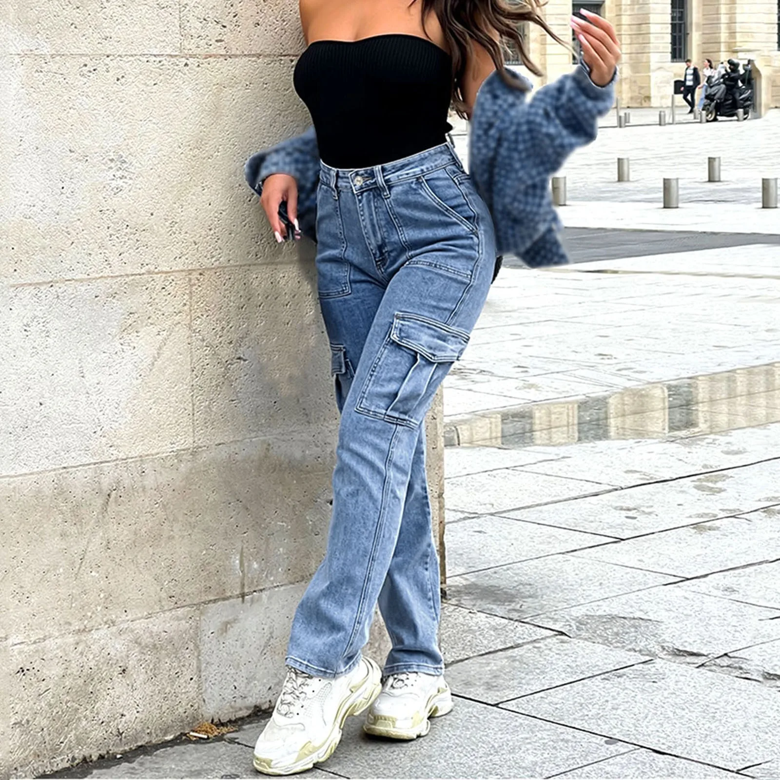 

Women's Casual Street Trend Loose Fitting Workwear Jeans Pants With Multiple Pockets Solid Color High Waist Denim Trousers