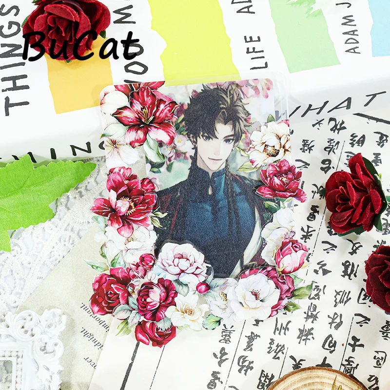 2m/롤 레이저 붉은 꽃 애완 동물 Washi 테이프 예쁜 꽃 투명 롤 스티커 Scrapbooking 저널링을위한 장식 테이프