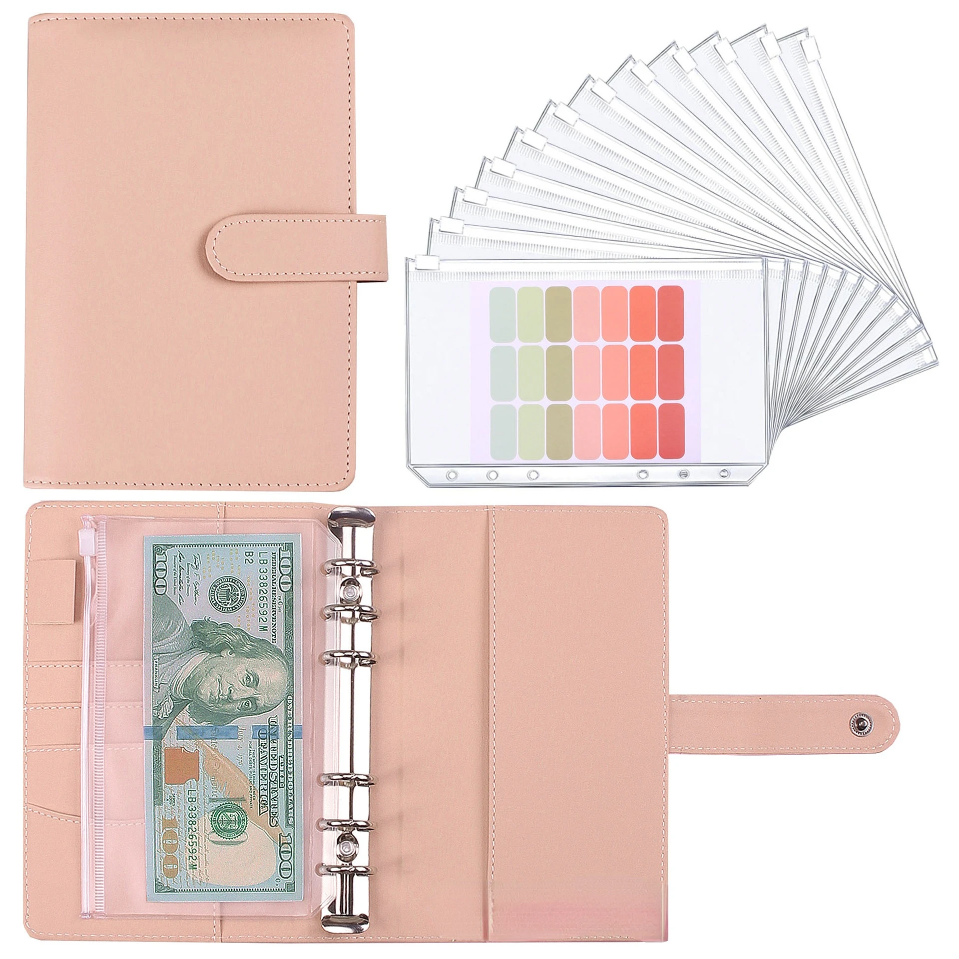 2022 New A6 PU Leather Pink Notebook Binder Budget Planner Organizer 6