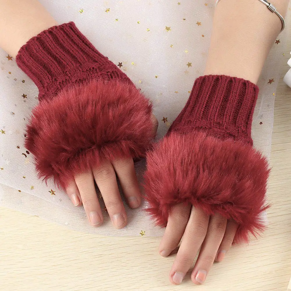 Winter Halbfinger elastische verdicken warme warme Fäustlinge gestrickte Handschuhe Faux Kaninchenhaar Handschuhe – Detail 6