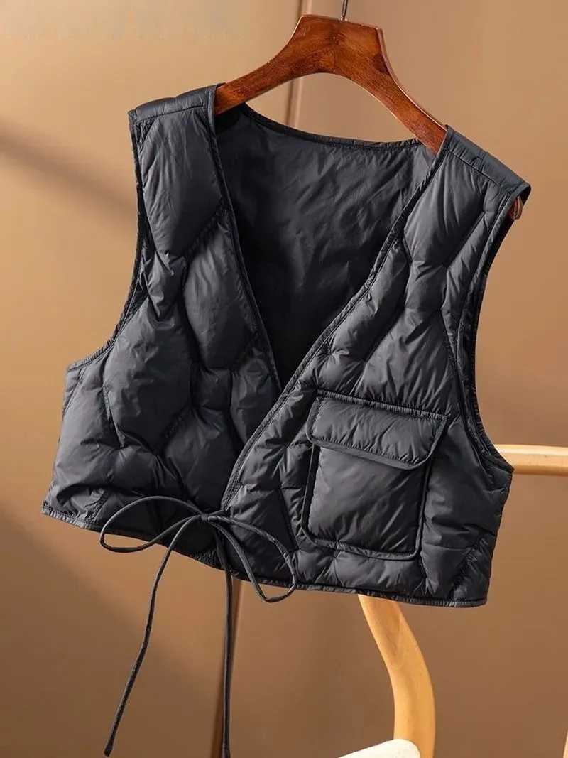 

Korean Down Cotton Vest Jacket Women 2023 Autumn Winter V Neck Lace Up Sleeveless Tops Loose Casual Vintage Light Cropped Waistc
