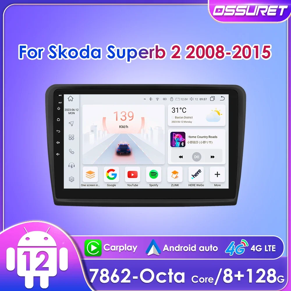 

Ossuret Andrioid 12 10.1'' 2 Din Headunit for Skoda Superb 2 2008 - 2015 Car Radio Multimedia Player GPS Navi BT RDS 4G DSP QLED