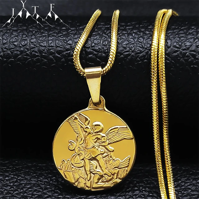 Yellow Gold US Navy Reversible St. Michael Pendant Necklace