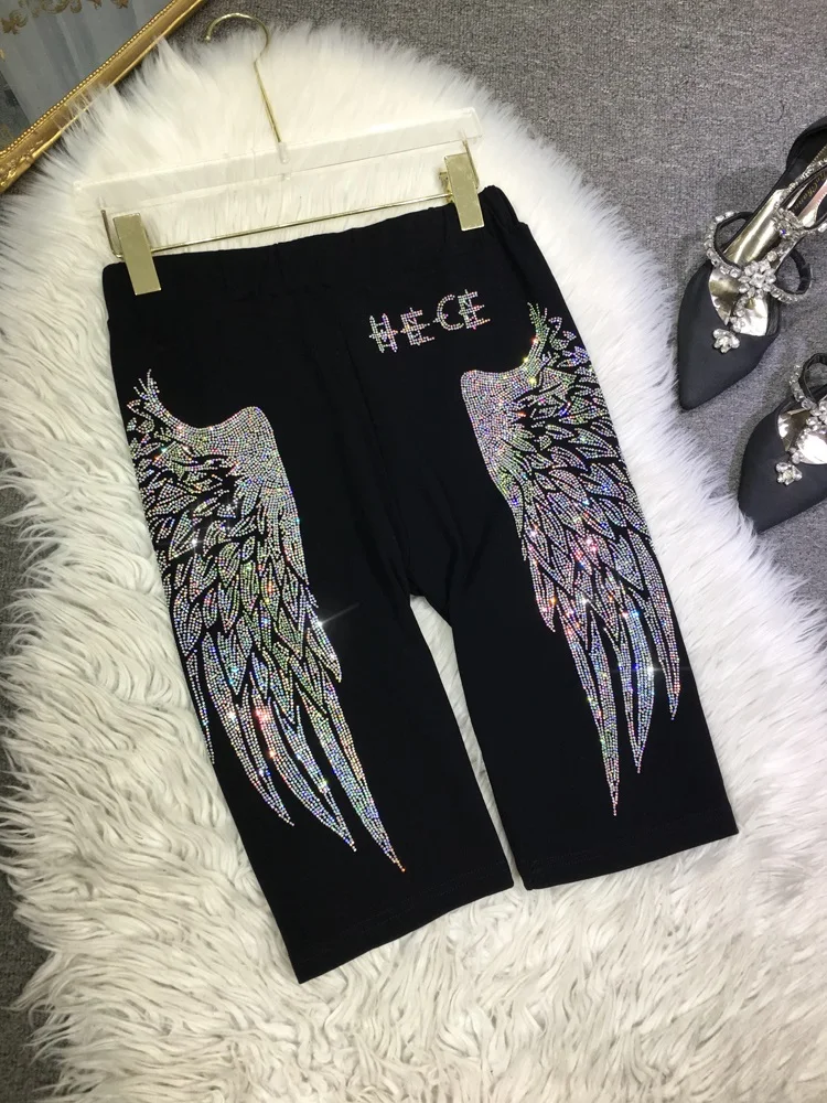 Luxury Big Wing Hot Drilling Women Leggings 2023 New Summer Black Cotton Knee-length Basic Pants Casual Fitness Yoga Run Legging